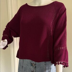 Saturday Sunday Anthropologie Women's Burgundy Knit Blouse Tasseled Sleeves